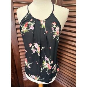 Papermoon Womens Black Floral Halter Neck Pleated Sleeveless Blouse Size S